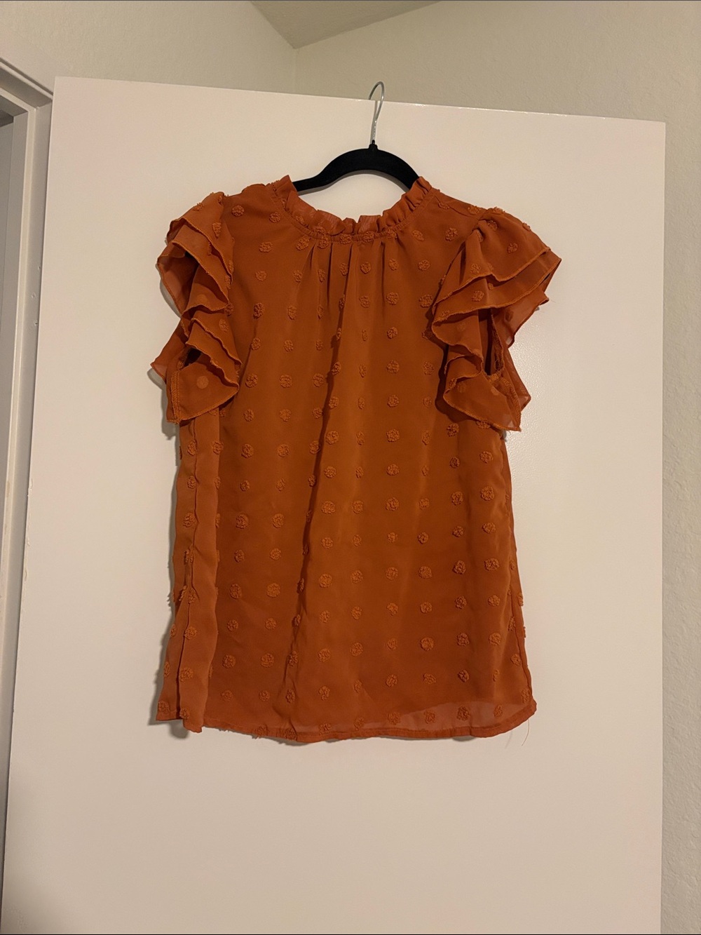 SHEIN Rust Orange Dot Textured Ruffle Sleeve Blouse